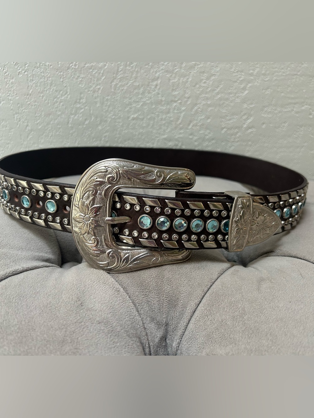 Women’s Western Silver Buckle Belt with Turquoise Rhinestones